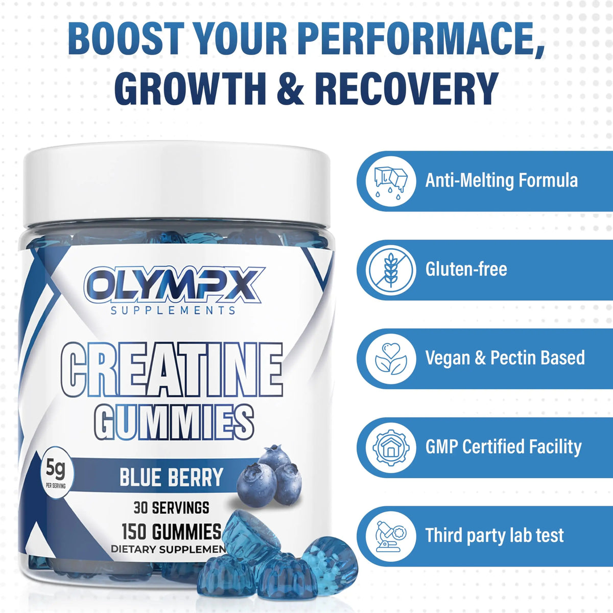 Olympx Supplements Creatine Gummies - 150 Count, 30 Servings, Vegan, Low Sugar, Creatine Monohydrate Gummies