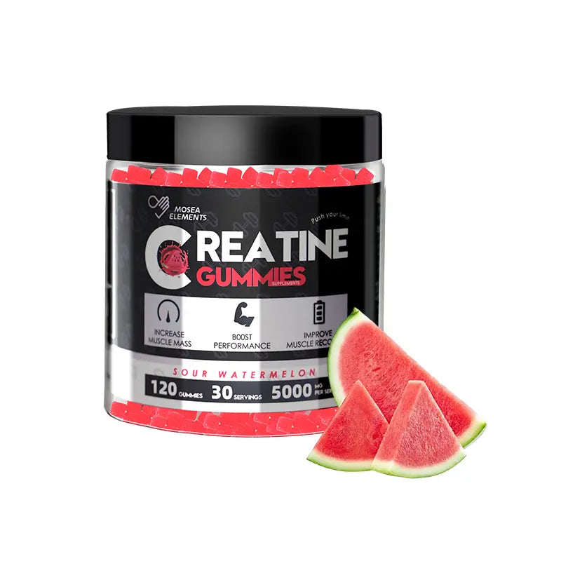 MOSEA ELEMENTS Chewy Creatine Gummies Supplement, 5000Mg Pure Creatine Monohydrate, 3 Fruity Flavors (Watermelon, Blueberry, Orange), 120 Pieces, 30-Day Supply, No Fillers/Chalky Taste, Gym Muscle Fuel, Strength Boost, Easy Pre/Post-Training Intake