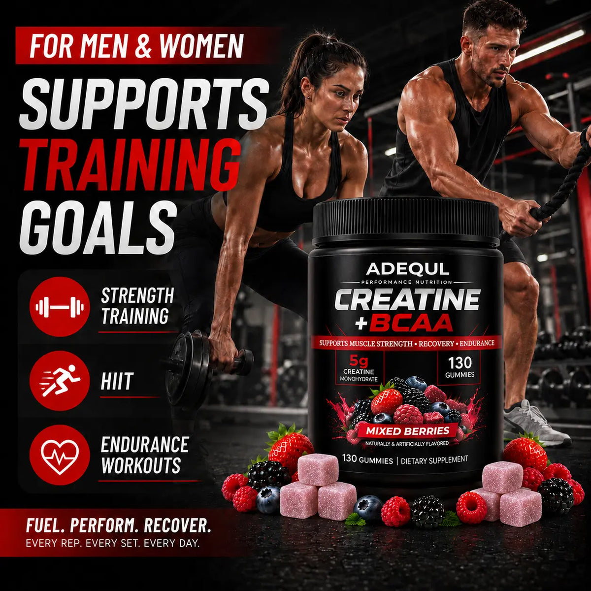 ADEQUL Creatine Monohydrate Chewable Edible Dietary Supplement for Adults, Sugar-Free Clean Fitness Supplement with BCAA, Taurine & Vitamin B6, 5000Mg for Muscle Growth & Recovery, 130 Pieces