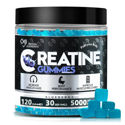 MOSEA ELEMENTS Chewy Creatine Gummies Supplement, 5000Mg Pure Creatine Monohydrate, 3 Fruity Flavors (Watermelon, Blueberry, Orange), 120 Pieces, 30-Day Supply, No Fillers/Chalky Taste, Gym Muscle Fuel, Strength Boost, Easy Pre/Post-Training Intake
