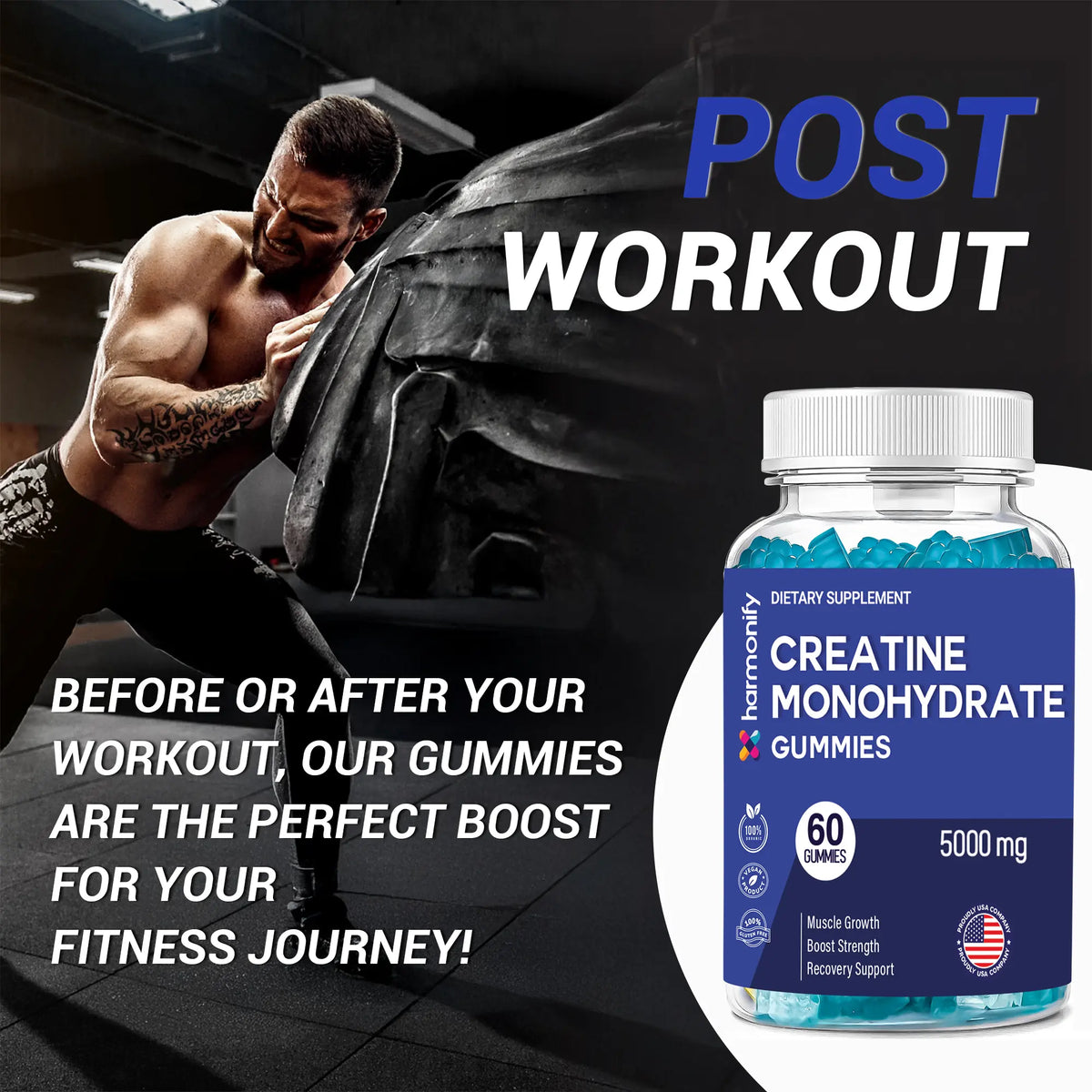 HARMONIFY Creatine Monohydrate Gummies 5000 Mg - 60 Vegan, Gluten-Free Gummies for Muscle Growth, Strength & Recovery Support - Energy & Focus Boosters for Women & Men