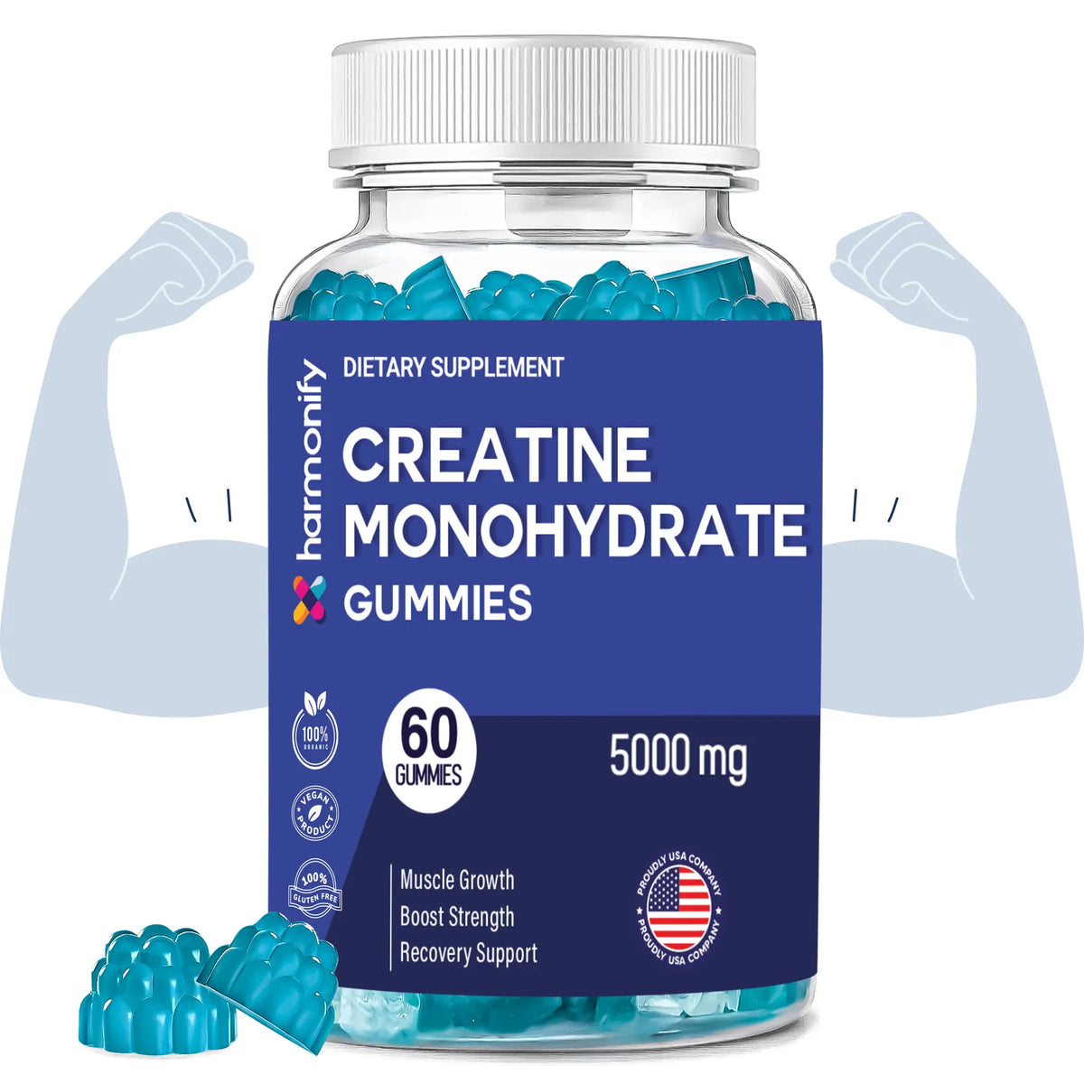 HARMONIFY Creatine Monohydrate Gummies 5000 Mg - 60 Vegan, Gluten-Free Gummies for Muscle Growth, Strength & Recovery Support - Energy & Focus Boosters for Women & Men