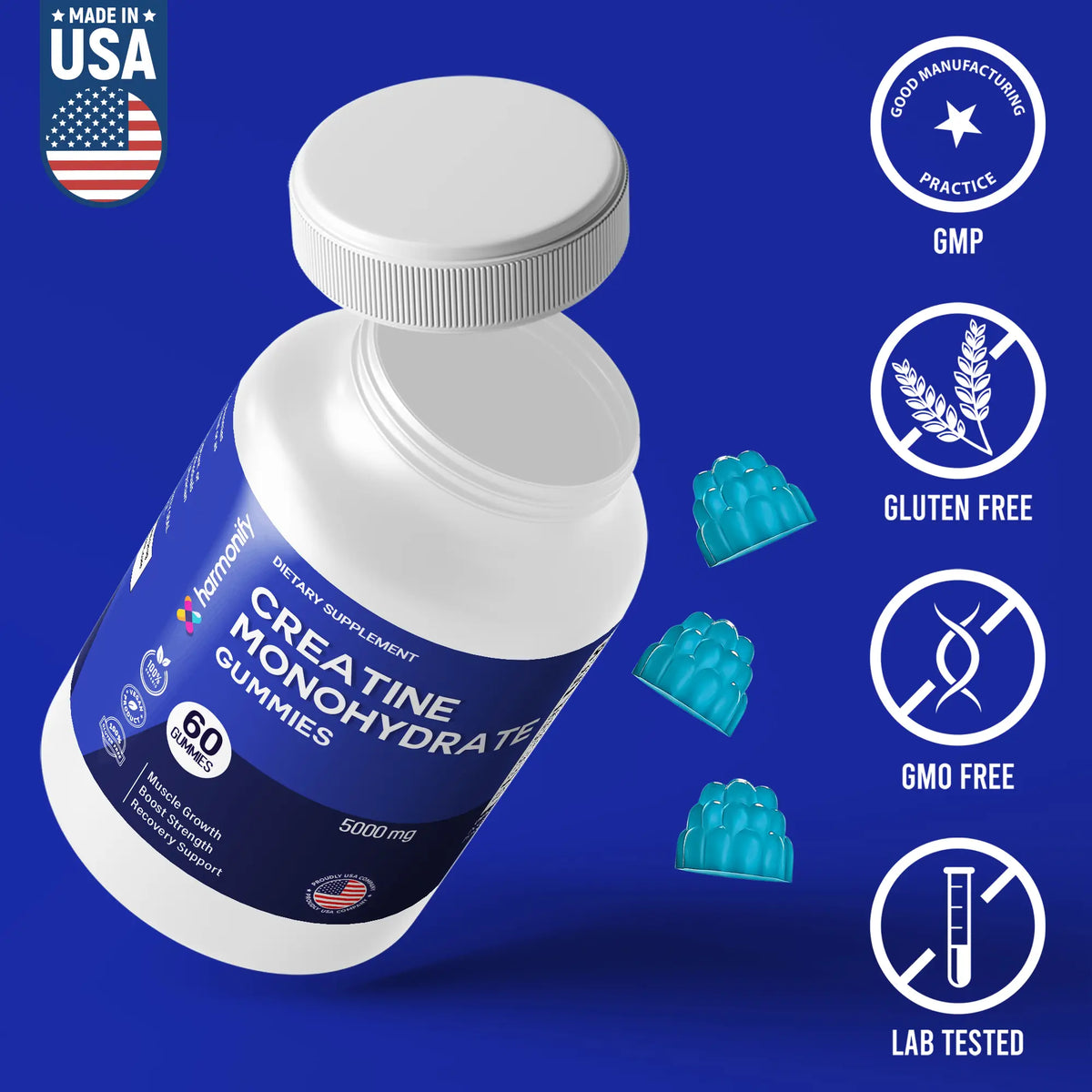 HARMONIFY Creatine Monohydrate Gummies 5000 Mg - 60 Vegan, Gluten-Free Gummies for Muscle Growth, Strength & Recovery Support - Energy & Focus Boosters for Women & Men