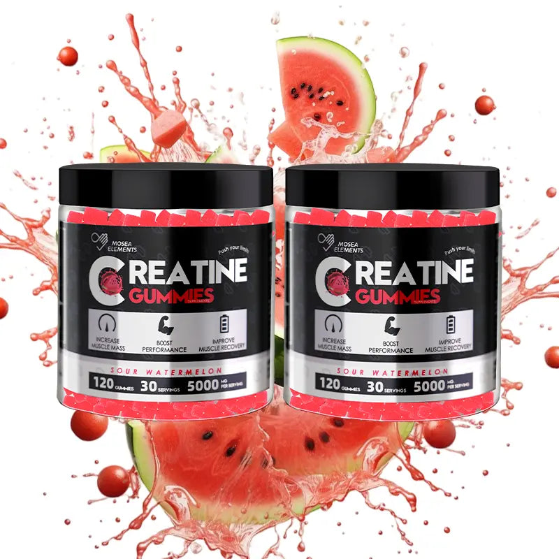 MOSEA ELEMENTS Chewy Creatine Gummies Supplement, 5000Mg Pure Creatine Monohydrate, 3 Fruity Flavors (Watermelon, Blueberry, Orange), 120 Pieces, 30-Day Supply, No Fillers/Chalky Taste, Gym Muscle Fuel, Strength Boost, Easy Pre/Post-Training Intake