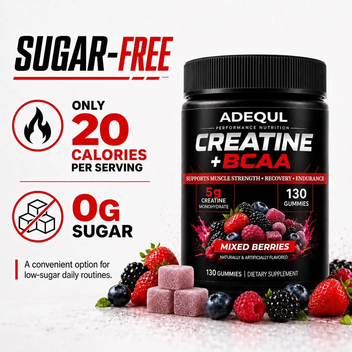 ADEQUL Creatine Monohydrate Chewable Edible Dietary Supplement for Adults, Sugar-Free Clean Fitness Supplement with BCAA, Taurine & Vitamin B6, 5000Mg for Muscle Growth & Recovery, 130 Pieces