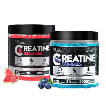MOSEA ELEMENTS Chewy Creatine Gummies Supplement, 5000Mg Pure Creatine Monohydrate, 3 Fruity Flavors (Watermelon, Blueberry, Orange), 120 Pieces, 30-Day Supply, No Fillers/Chalky Taste, Gym Muscle Fuel, Strength Boost, Easy Pre/Post-Training Intake