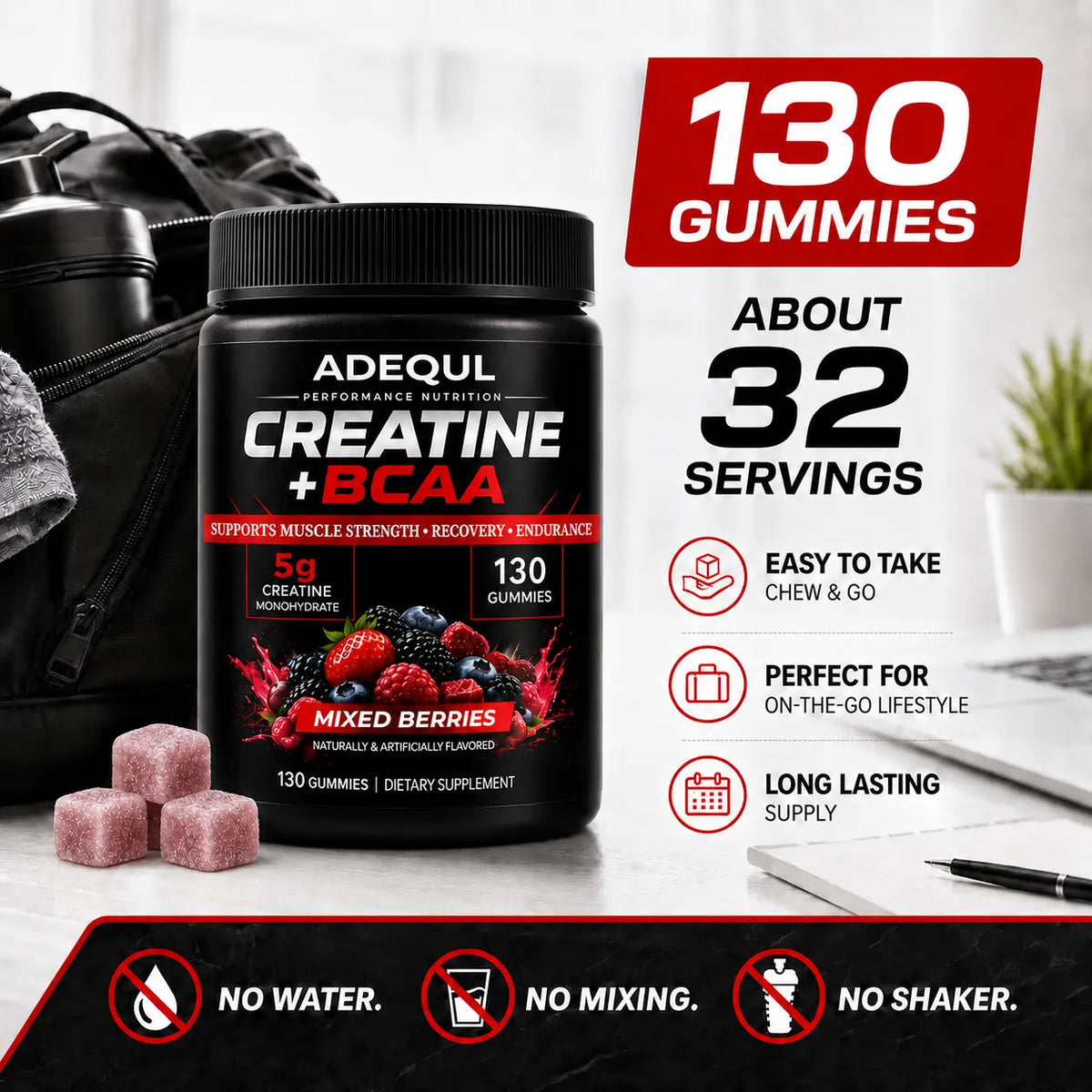 ADEQUL Creatine Monohydrate Chewable Edible Dietary Supplement for Adults, Sugar-Free Clean Fitness Supplement with BCAA, Taurine & Vitamin B6, 5000Mg for Muscle Growth & Recovery, 130 Pieces
