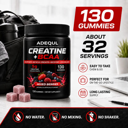 ADEQUL Creatine Monohydrate Chewable Edible Dietary Supplement for Adults, Sugar-Free Clean Fitness Supplement with BCAA, Taurine & Vitamin B6, 5000Mg for Muscle Growth & Recovery, 130 Pieces