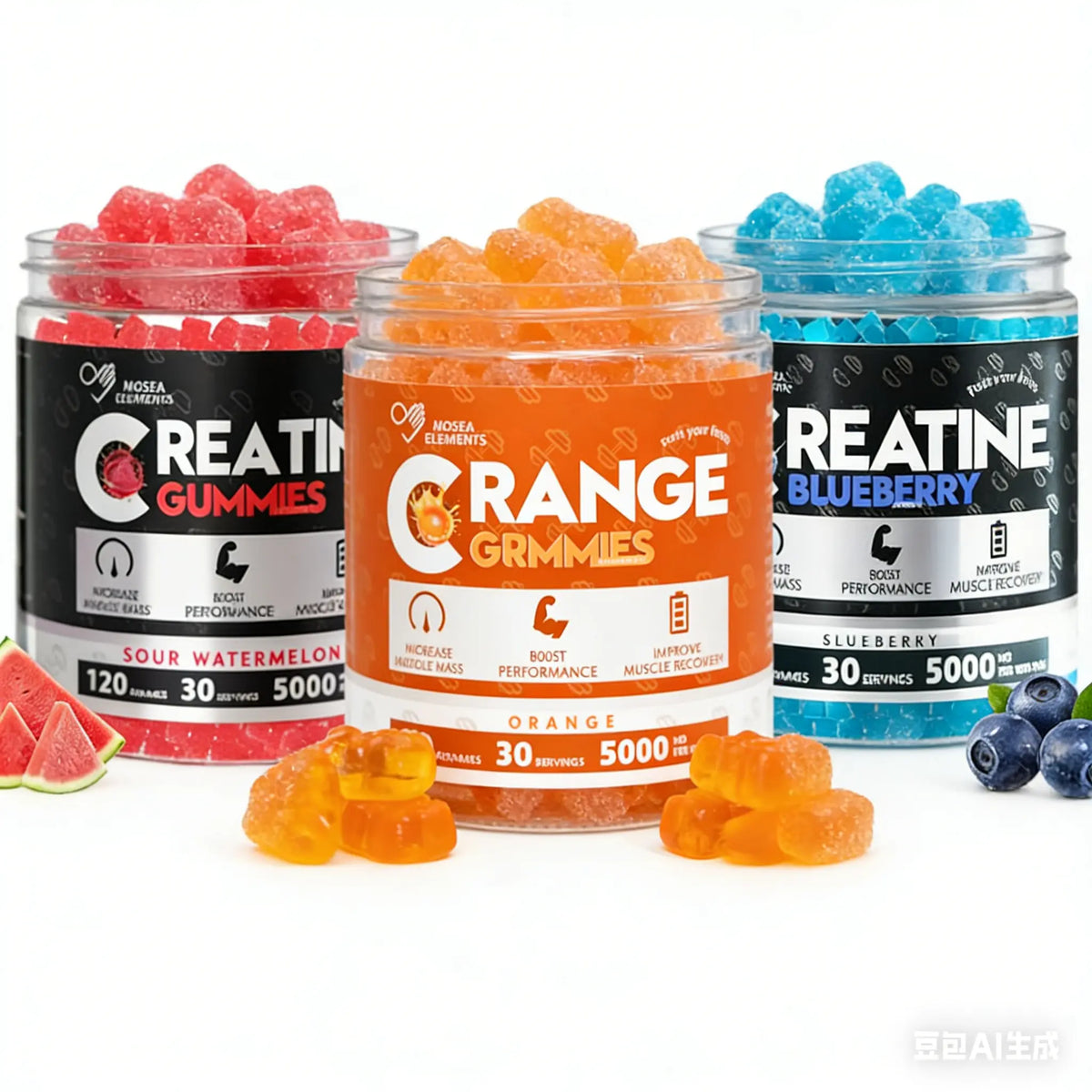 MOSEA ELEMENTS Chewy Creatine Gummies Supplement, 5000Mg Pure Creatine Monohydrate, 3 Fruity Flavors (Watermelon, Blueberry, Orange), 120 Pieces, 30-Day Supply, No Fillers/Chalky Taste, Gym Muscle Fuel, Strength Boost, Easy Pre/Post-Training Intake