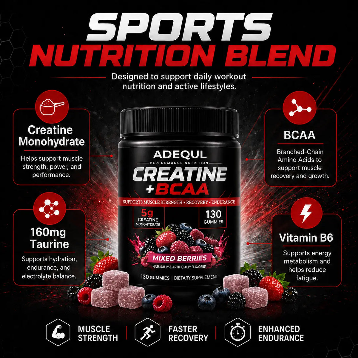 ADEQUL Creatine Monohydrate Chewable Edible Dietary Supplement for Adults, Sugar-Free Clean Fitness Supplement with BCAA, Taurine & Vitamin B6, 5000Mg for Muscle Growth & Recovery, 130 Pieces