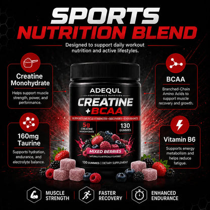 ADEQUL Creatine Monohydrate Chewable Edible Dietary Supplement for Adults, Sugar-Free Clean Fitness Supplement with BCAA, Taurine & Vitamin B6, 5000Mg for Muscle Growth & Recovery, 130 Pieces