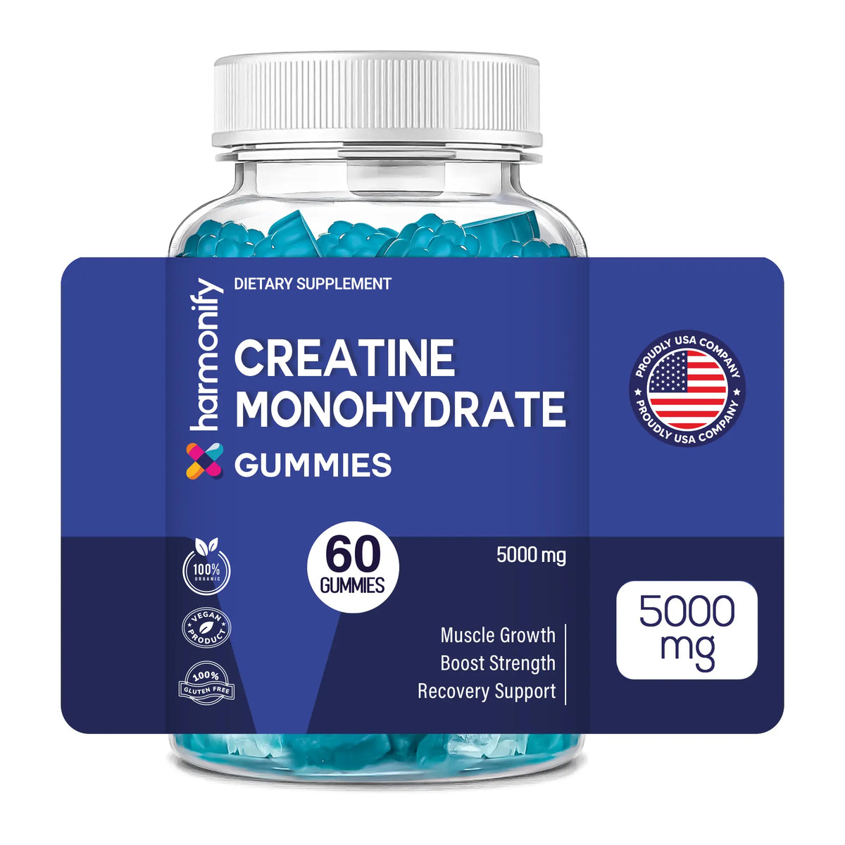 HARMONIFY Creatine Monohydrate Gummies 5000 Mg - 60 Vegan, Gluten-Free Gummies for Muscle Growth, Strength & Recovery Support - Energy & Focus Boosters for Women & Men