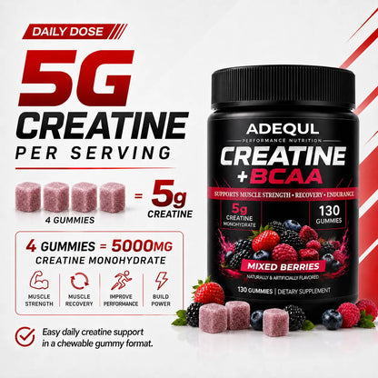 ADEQUL Creatine Monohydrate Chewable Edible Dietary Supplement for Adults, Sugar-Free Clean Fitness Supplement with BCAA, Taurine & Vitamin B6, 5000Mg for Muscle Growth & Recovery, 130 Pieces