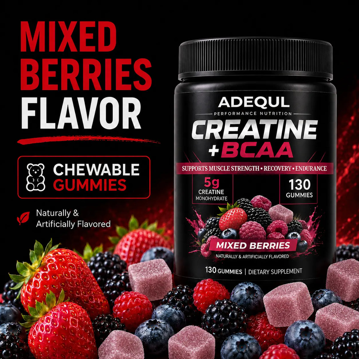 ADEQUL Creatine Monohydrate Chewable Edible Dietary Supplement for Adults, Sugar-Free Clean Fitness Supplement with BCAA, Taurine & Vitamin B6, 5000Mg for Muscle Growth & Recovery, 130 Pieces